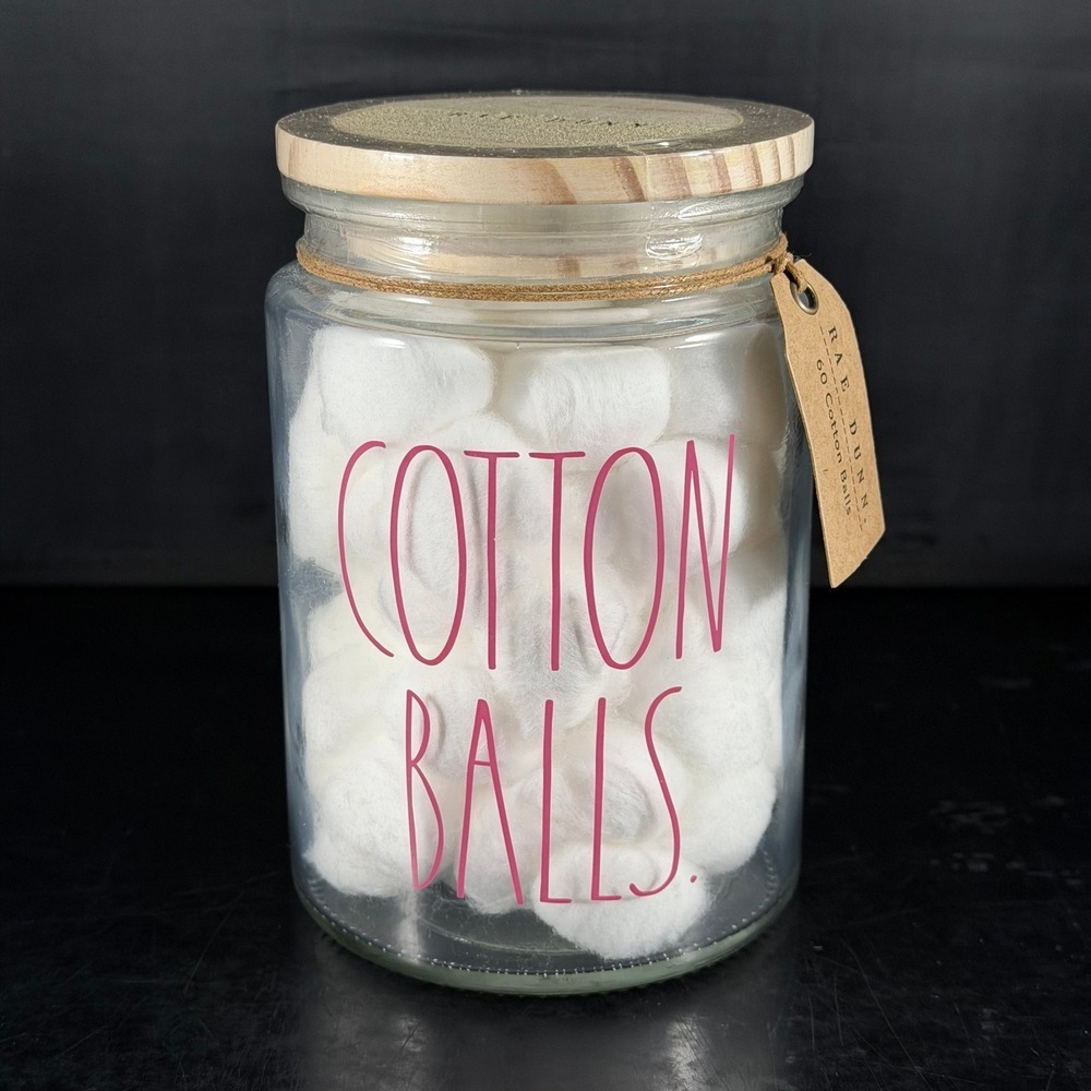 Rae Dunn Cotton Balls Glass Jar Wood Lid Pink Font Bathroom Storage R0879 NEW